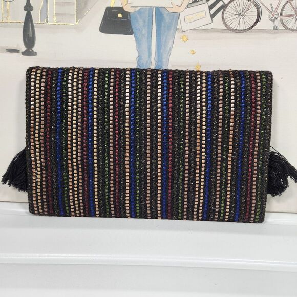 NWOT Metallic Striped Fringe XL Clutch - Picture 2 of 9